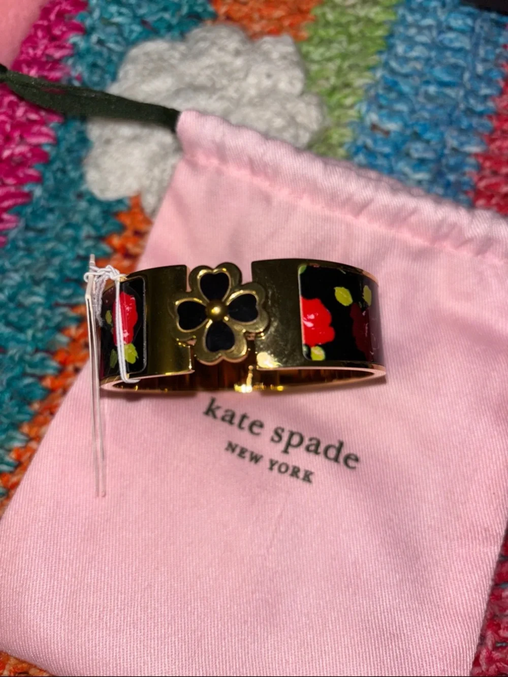 kate spade Gold-Tone Floral Enamel Hinged Bangle with Clover Charm - Picture 3 of 3